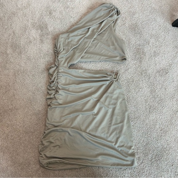 Zara khaki green draped ruched one shoulder asymmetrical cut-out mini dress XL - Picture 8 of 16